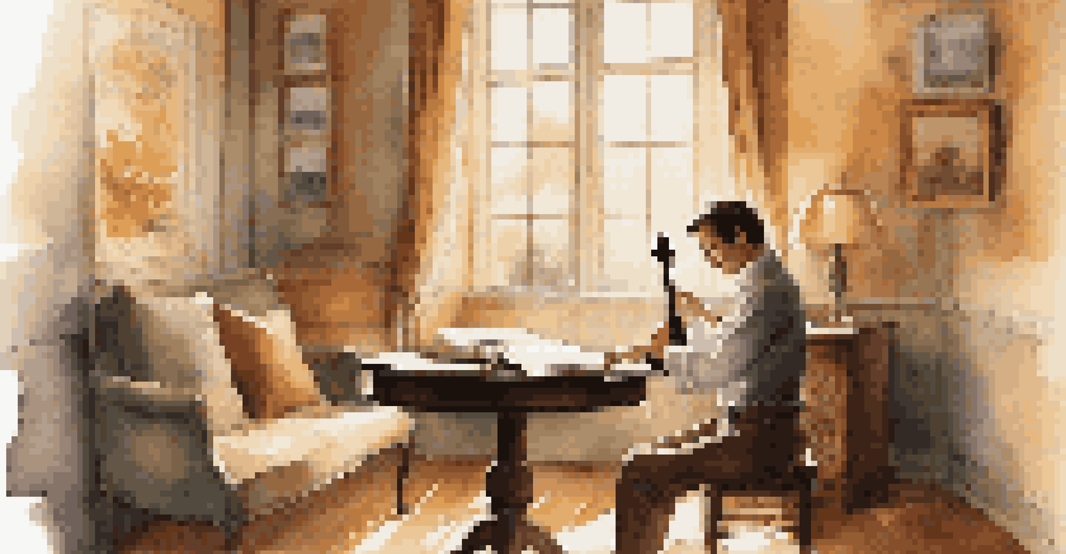 A classical guitarist practicing in a cozy room with soft natural light and sheet music on a table, creating a tranquil ambiance.