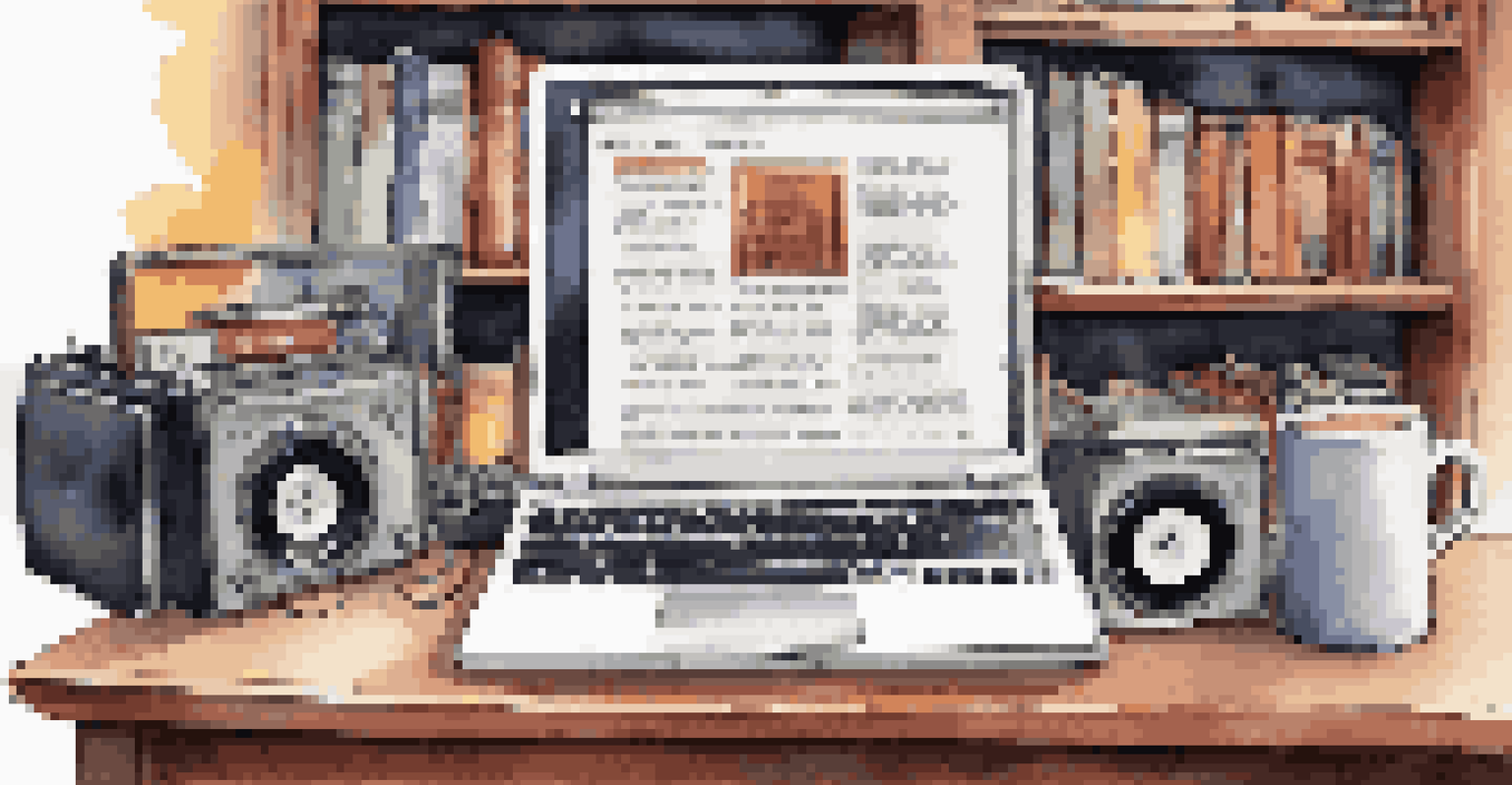 A laptop open to a music review website, surrounded by vinyl records and a cup of coffee, with a bookshelf in the background.