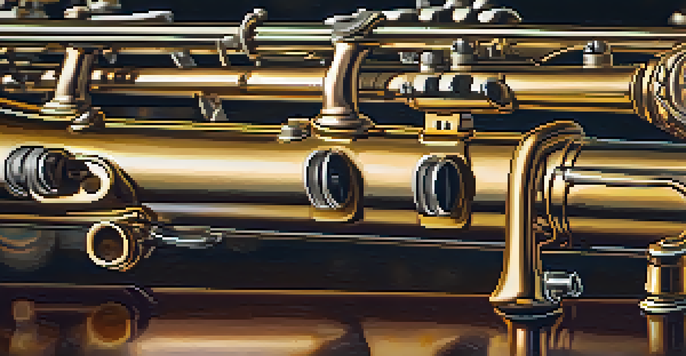 A detailed close-up of a woodwind instrument with warm bokeh lights in the background.