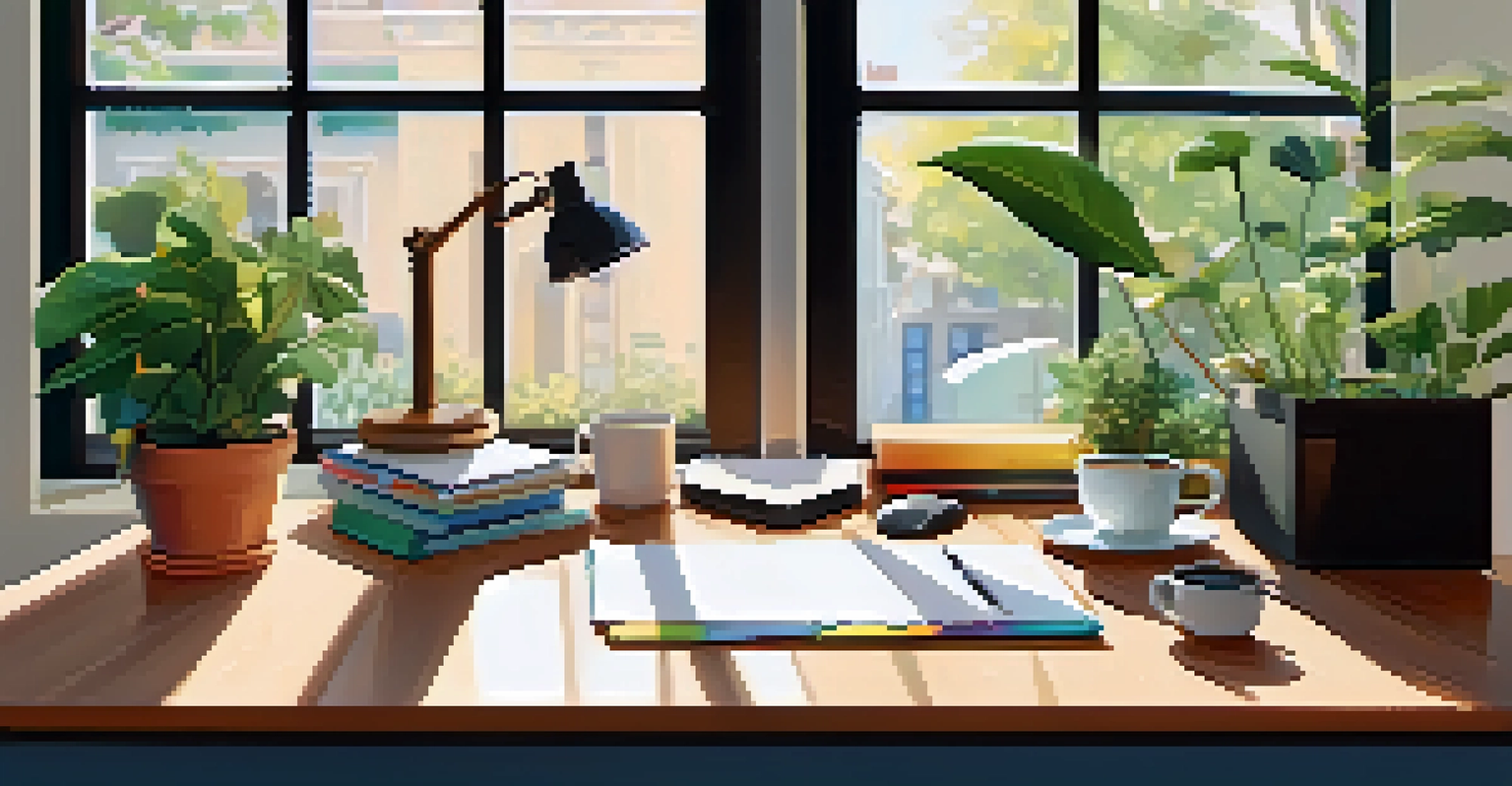 A neatly organized workspace with a laptop, stationery, and coffee, illuminated by natural light.