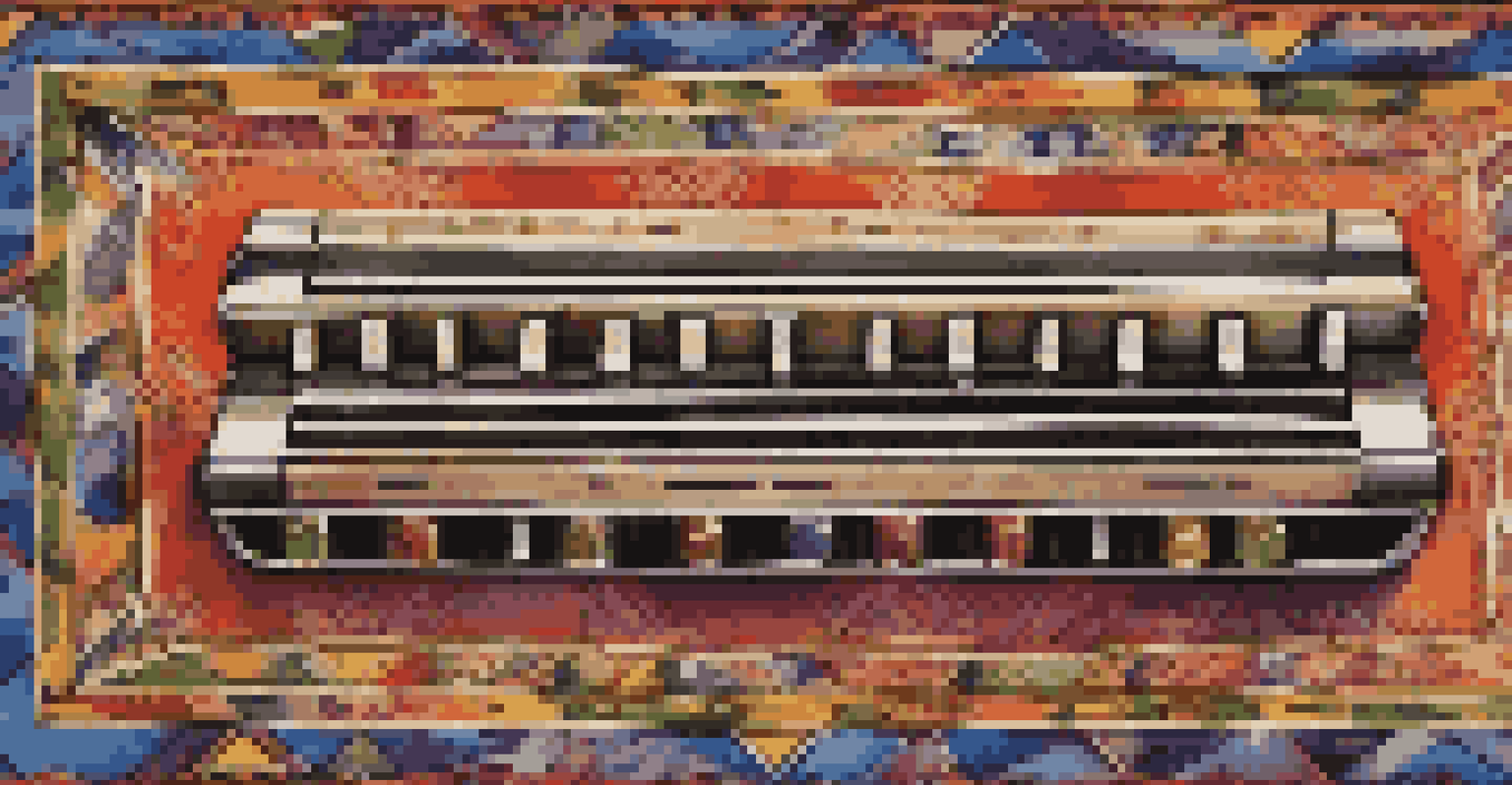 Different types of harmonicas arranged on a colorful tapestry with musical notes in the background.