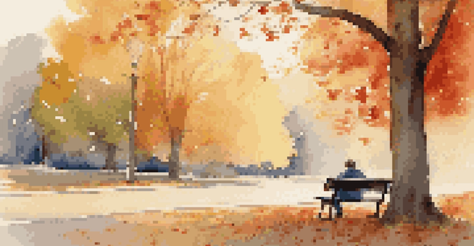 A person sitting on a bench with headphones, surrounded by colorful autumn trees and soft sunlight.