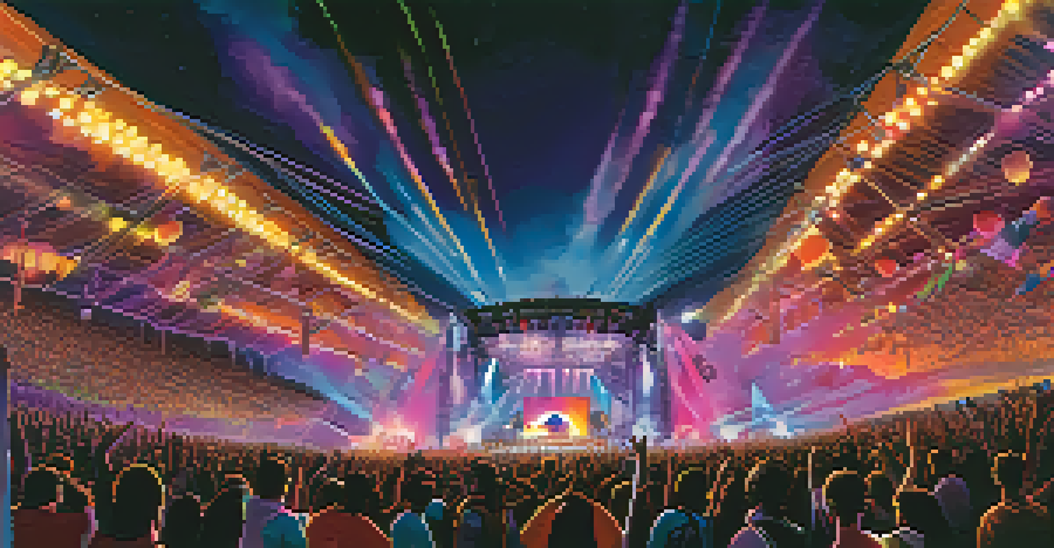 A lively modern music festival at night with colorful lights, a large crowd, and performers on stage.