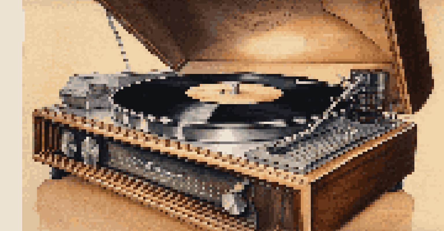 A close-up of a vintage vinyl record player with soft lighting highlighting its details.