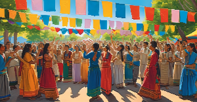 A diverse group of people singing together at a festival with colorful banners and a sunny outdoor setting.