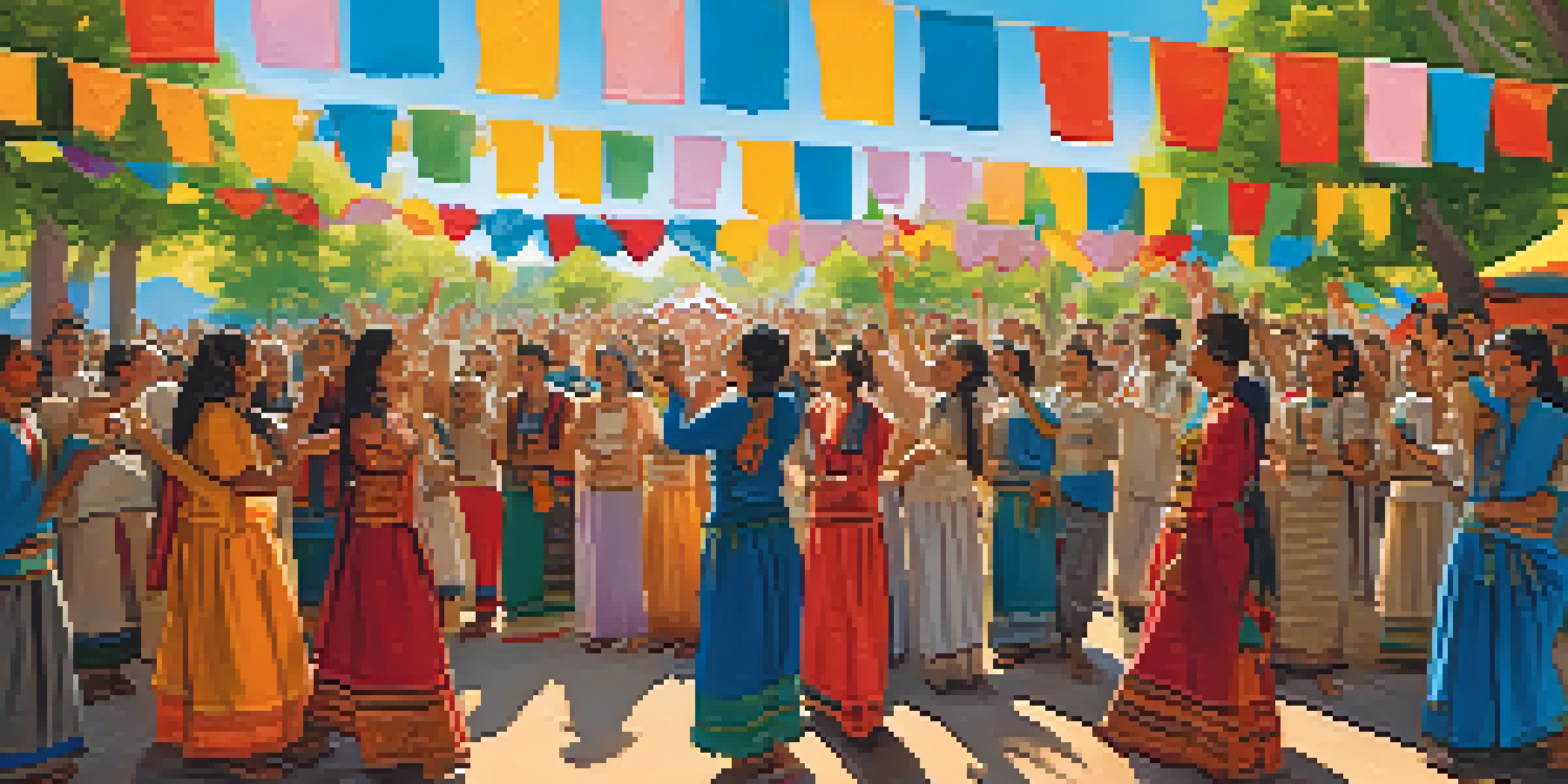 A diverse group of people singing together at a festival with colorful banners and a sunny outdoor setting.