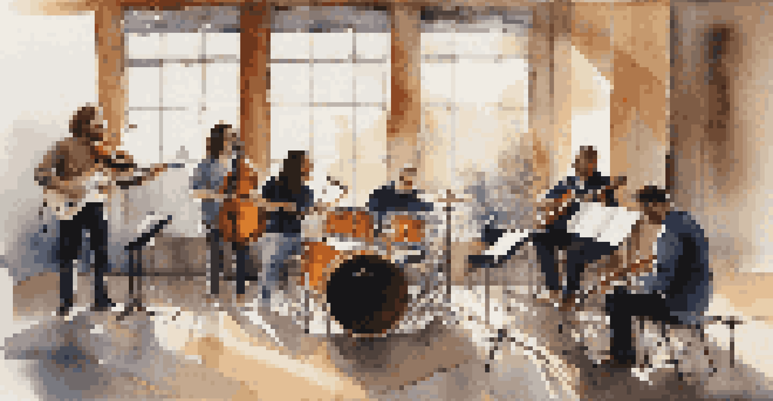 A band rehearsing together, interacting with each other, instruments in hand, with natural light streaming through large windows.