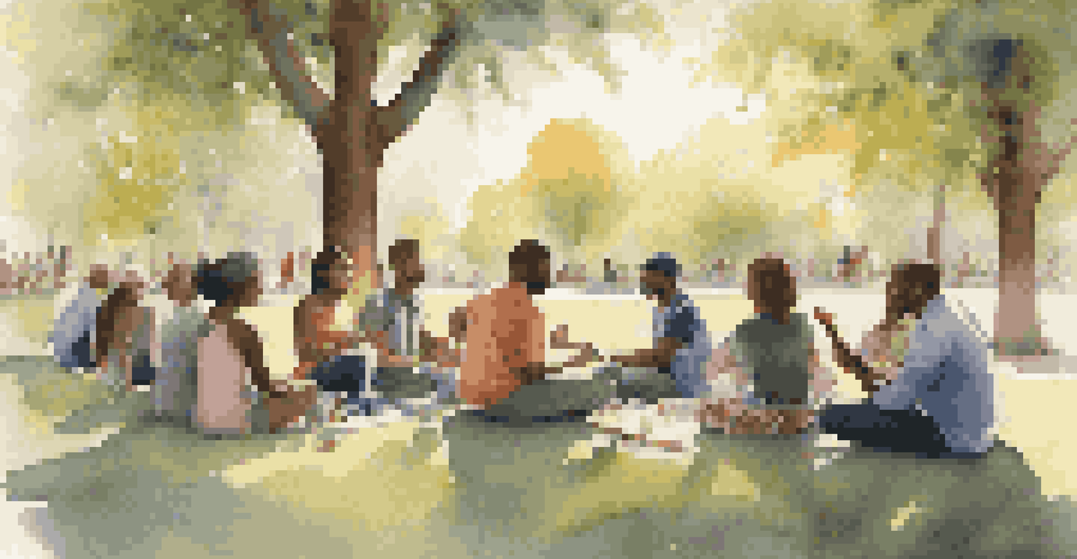 A group of diverse activists in a park, sitting in a circle with musical instruments and sharing songs together.