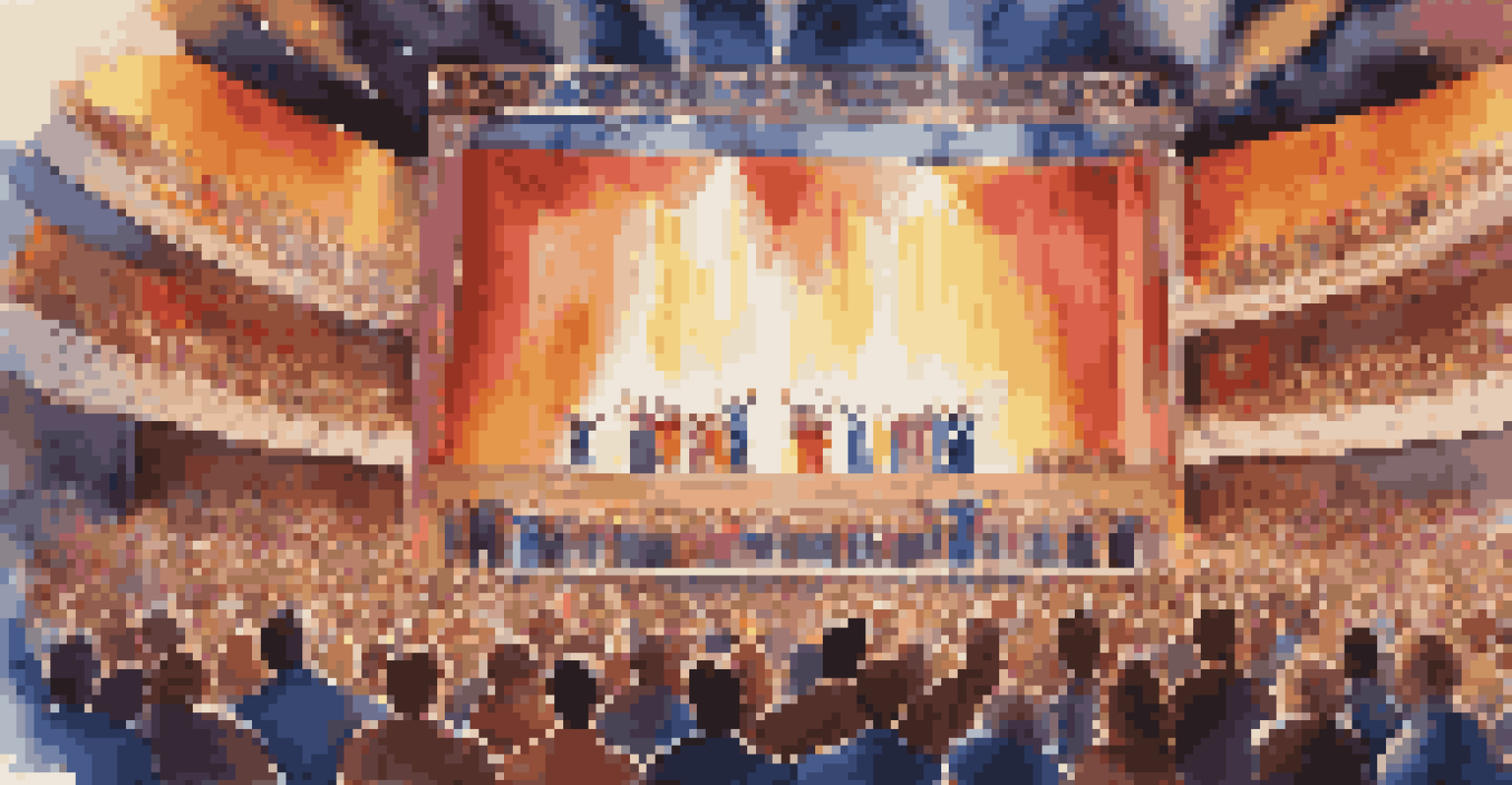 A choir performing on stage with colorful lighting, engaging a captivated audience.