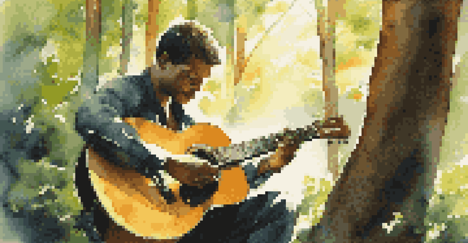 A musician playing an acoustic guitar in a sunlit forest, with sunlight filtering through the leaves.