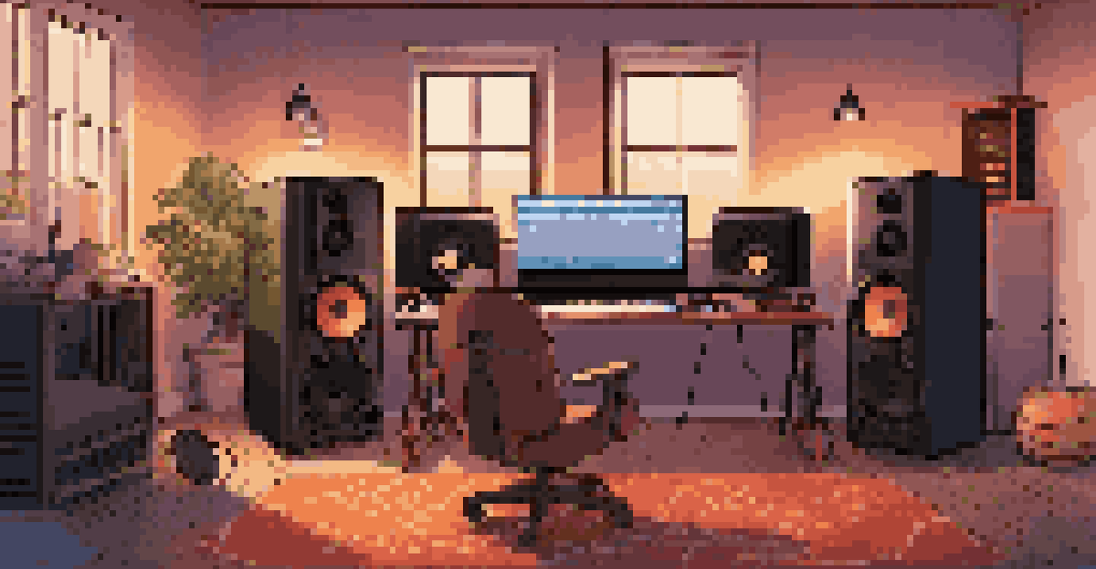 A home recording studio with a digital audio workstation, instruments, and warm lighting.