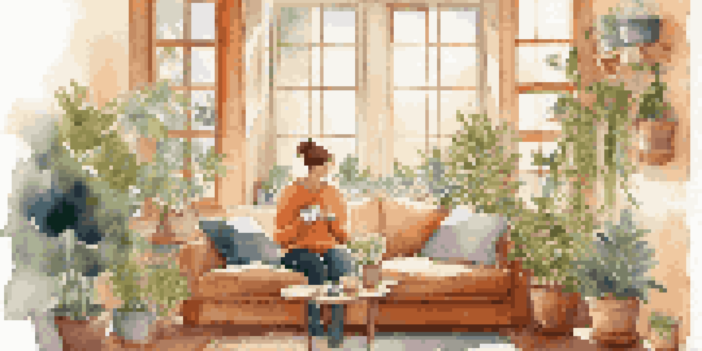 A person sitting on a cozy couch with a cup of tea and headphones, surrounded by plants and soft morning light.