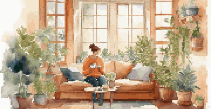 A person sitting on a cozy couch with a cup of tea and headphones, surrounded by plants and soft morning light.
