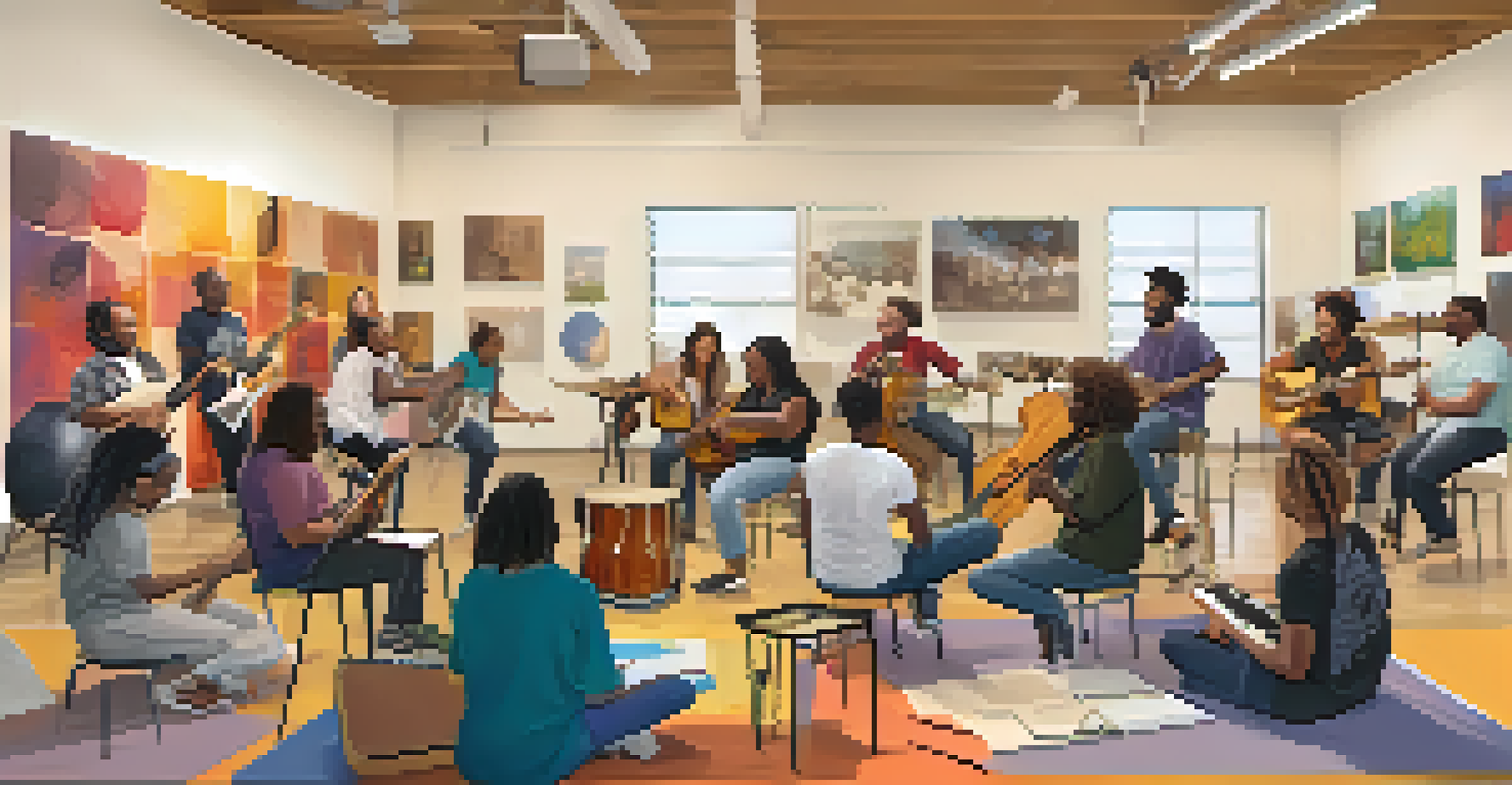 A community music workshop with diverse participants joyfully making music together in a welcoming environment.
