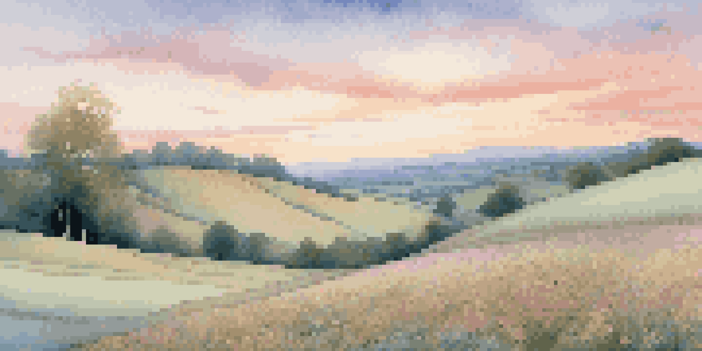 A peaceful landscape with rolling hills, a pastel sky at dawn, and colorful flowers in the foreground, representing gentle acoustic melodies.
