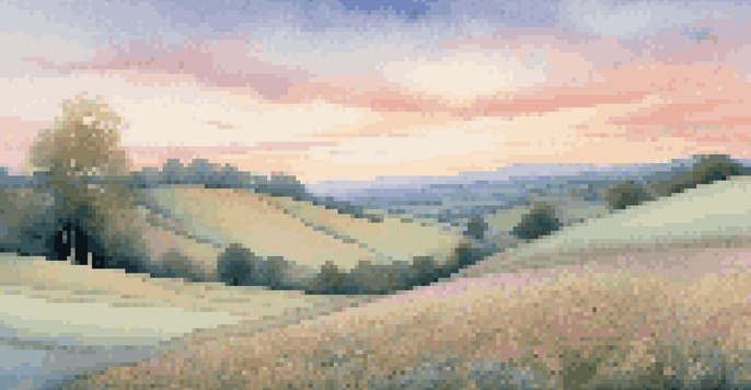 A peaceful landscape with rolling hills, a pastel sky at dawn, and colorful flowers in the foreground, representing gentle acoustic melodies.