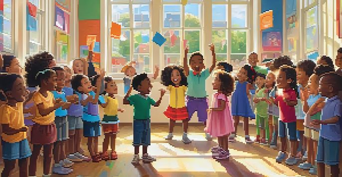 A lively classroom where children of different ethnicities are singing and clapping together, with sunlight coming through the windows and colorful educational posters on the walls.