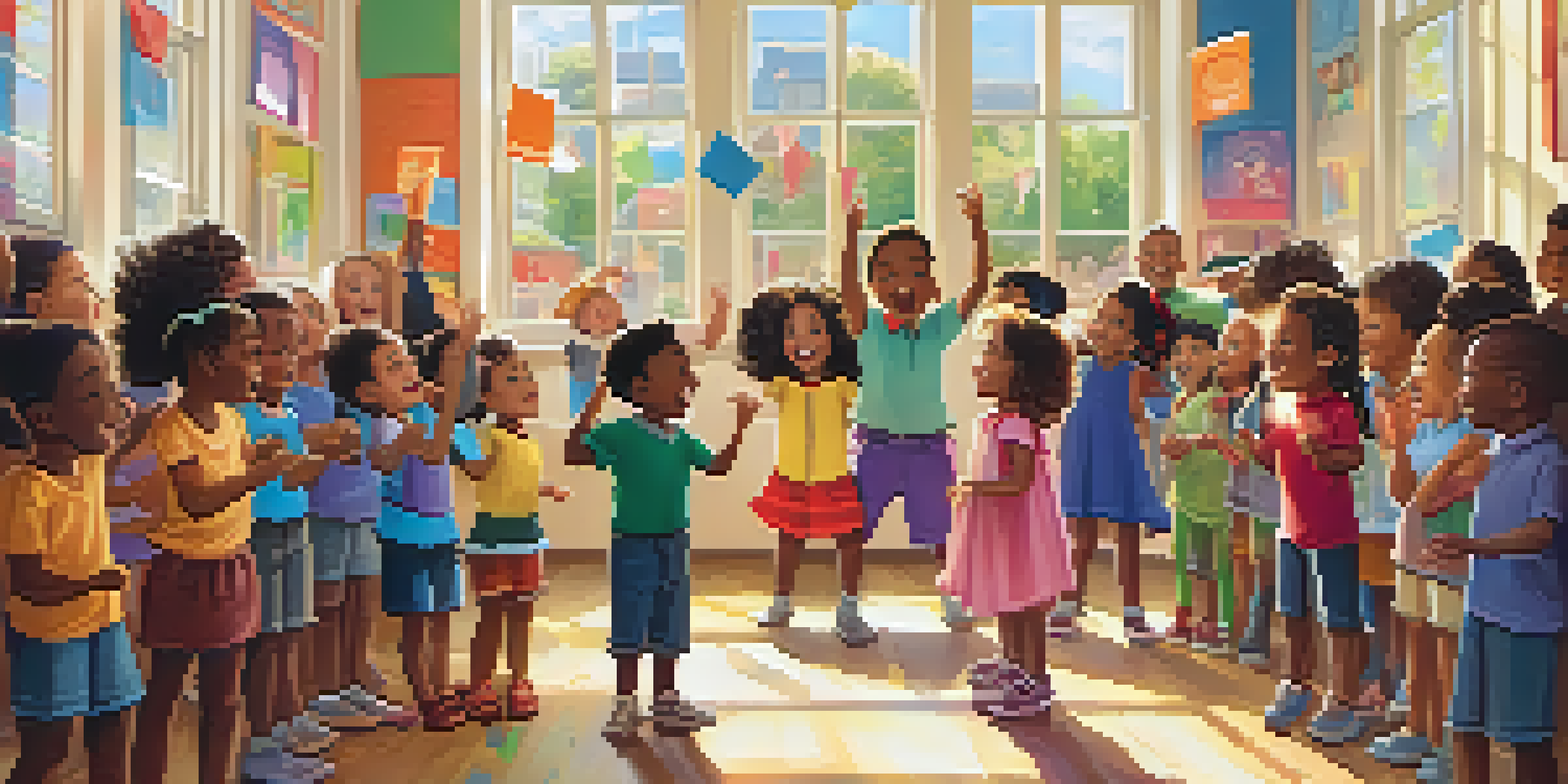 A lively classroom where children of different ethnicities are singing and clapping together, with sunlight coming through the windows and colorful educational posters on the walls.