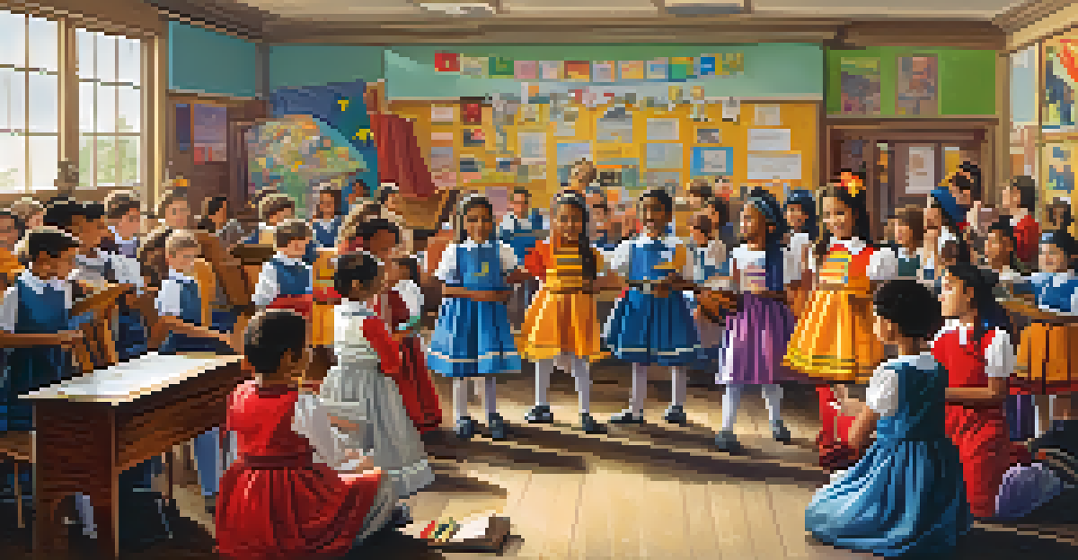 Children in a classroom collaborating on a musical production, surrounded by costumes and props, displaying teamwork and creativity.