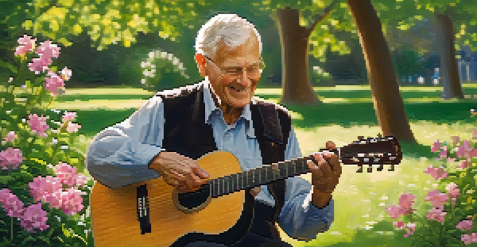 An elderly man playing a guitar in a sunny park, surrounded by flowers and trees, looking joyful.