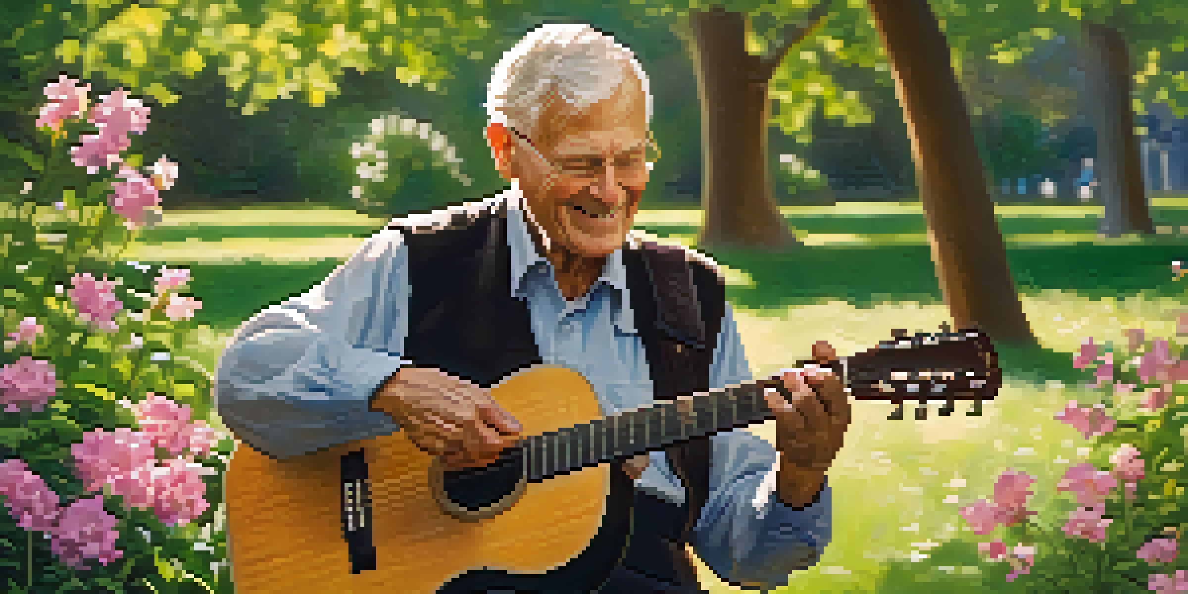 An elderly man playing a guitar in a sunny park, surrounded by flowers and trees, looking joyful.
