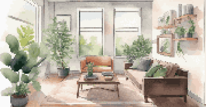 A bright and inviting living room with a smartphone showing a music streaming app on a coffee table.