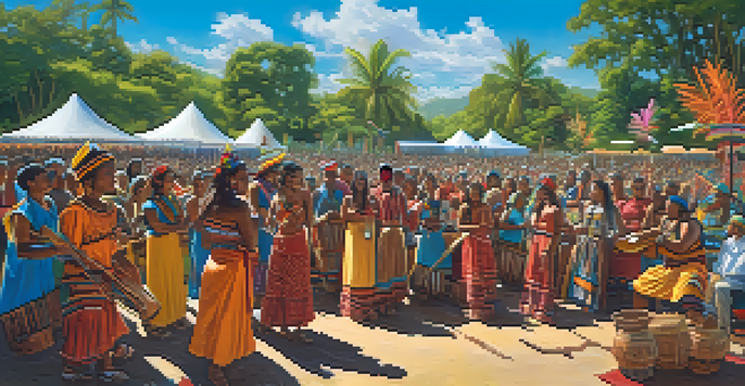 A lively scene depicting a diverse crowd at an Indigenous music festival, with traditional attire and musicians playing instruments in a natural setting.