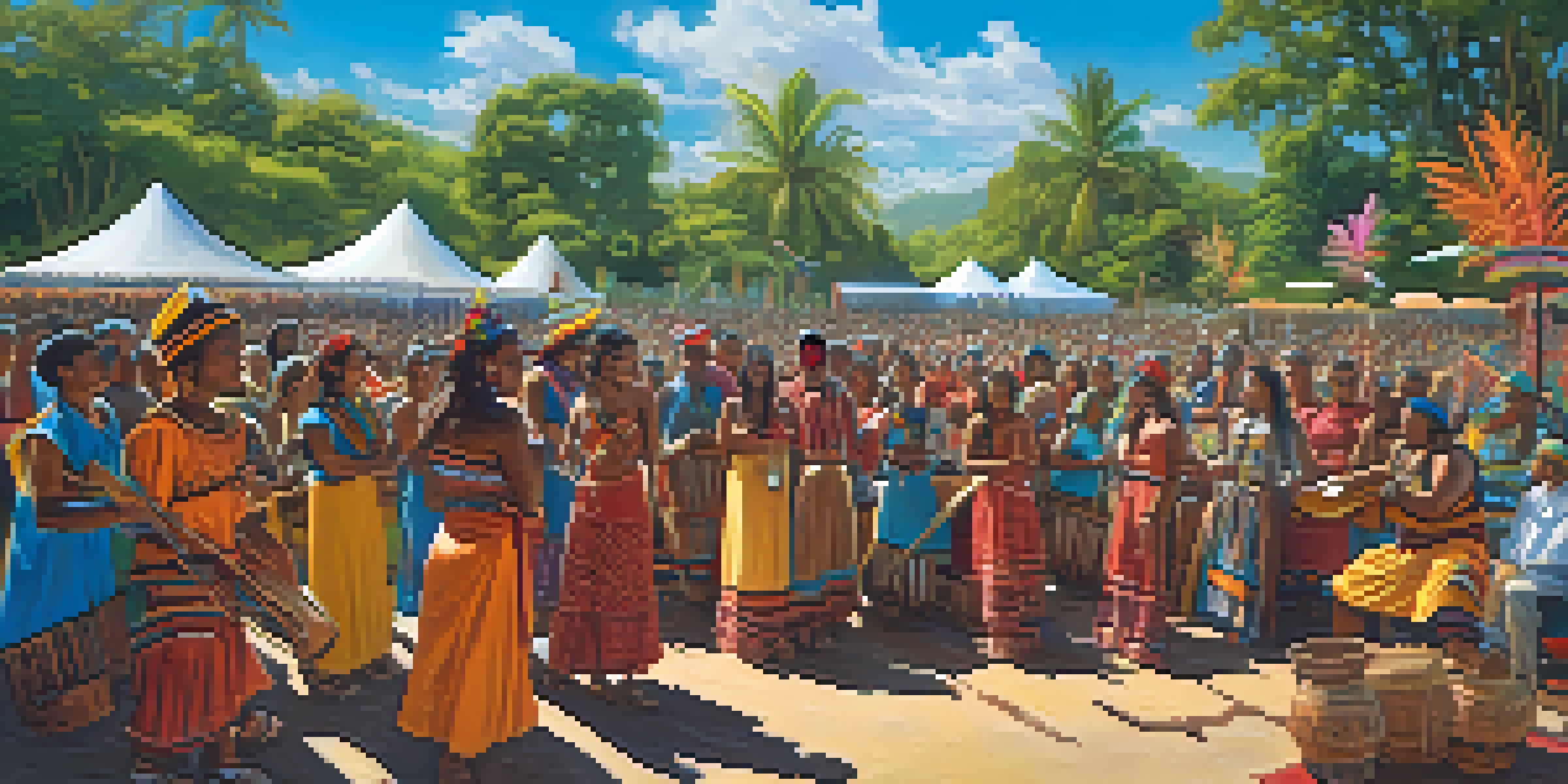 A lively scene depicting a diverse crowd at an Indigenous music festival, with traditional attire and musicians playing instruments in a natural setting.