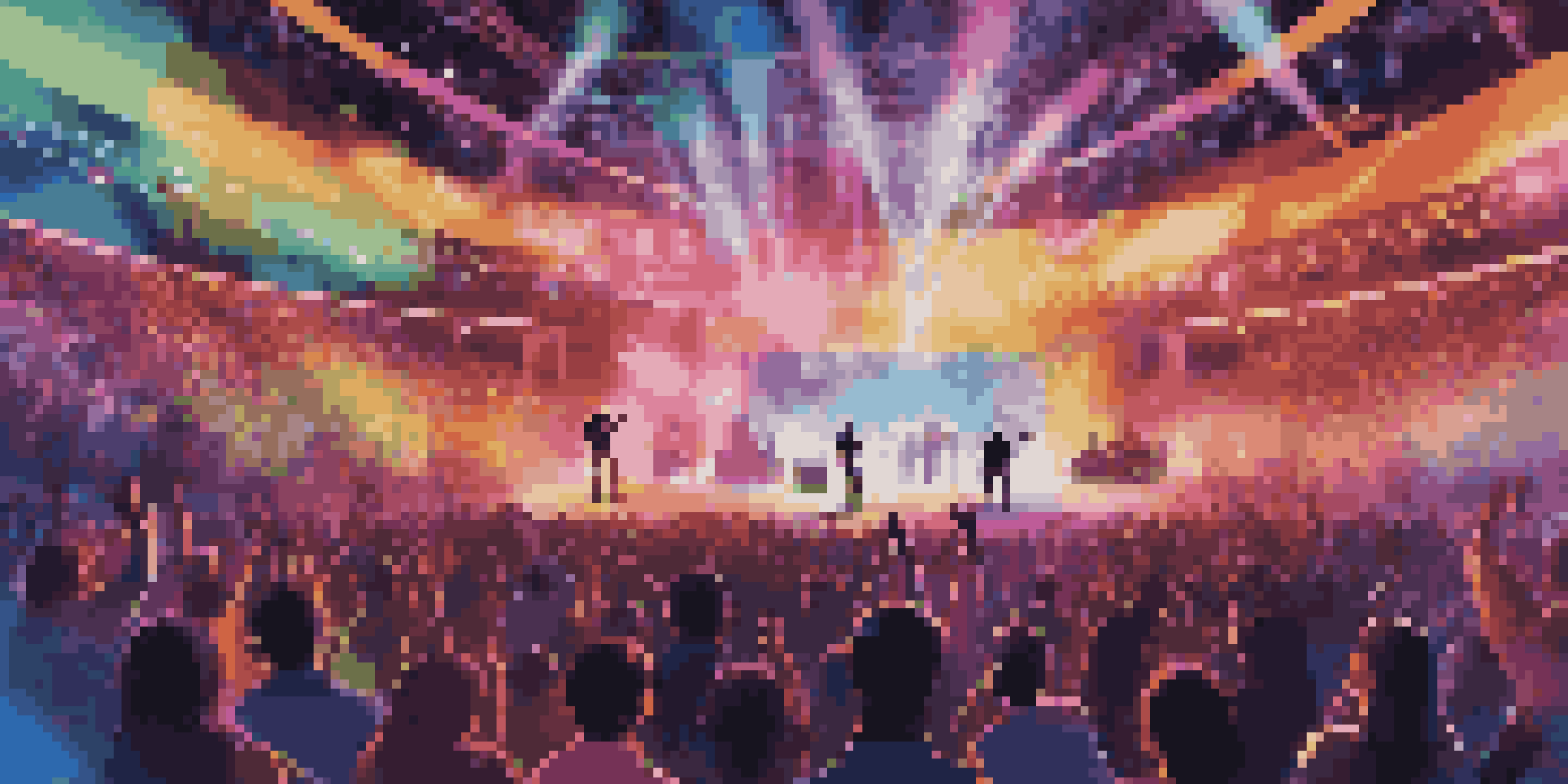A lively digital concert with a diverse audience, colorful lights, and a holographic musician on stage.