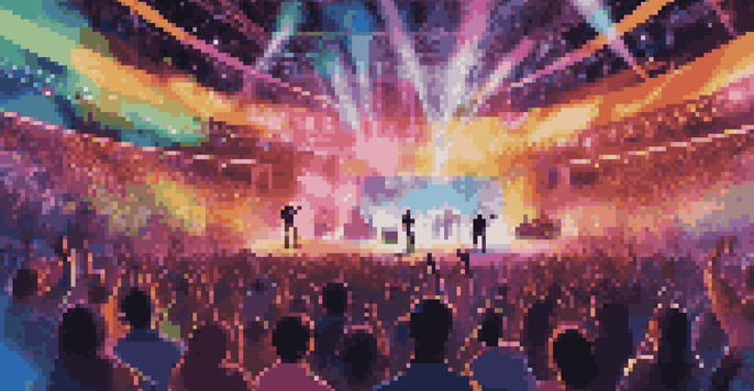 A lively digital concert with a diverse audience, colorful lights, and a holographic musician on stage.