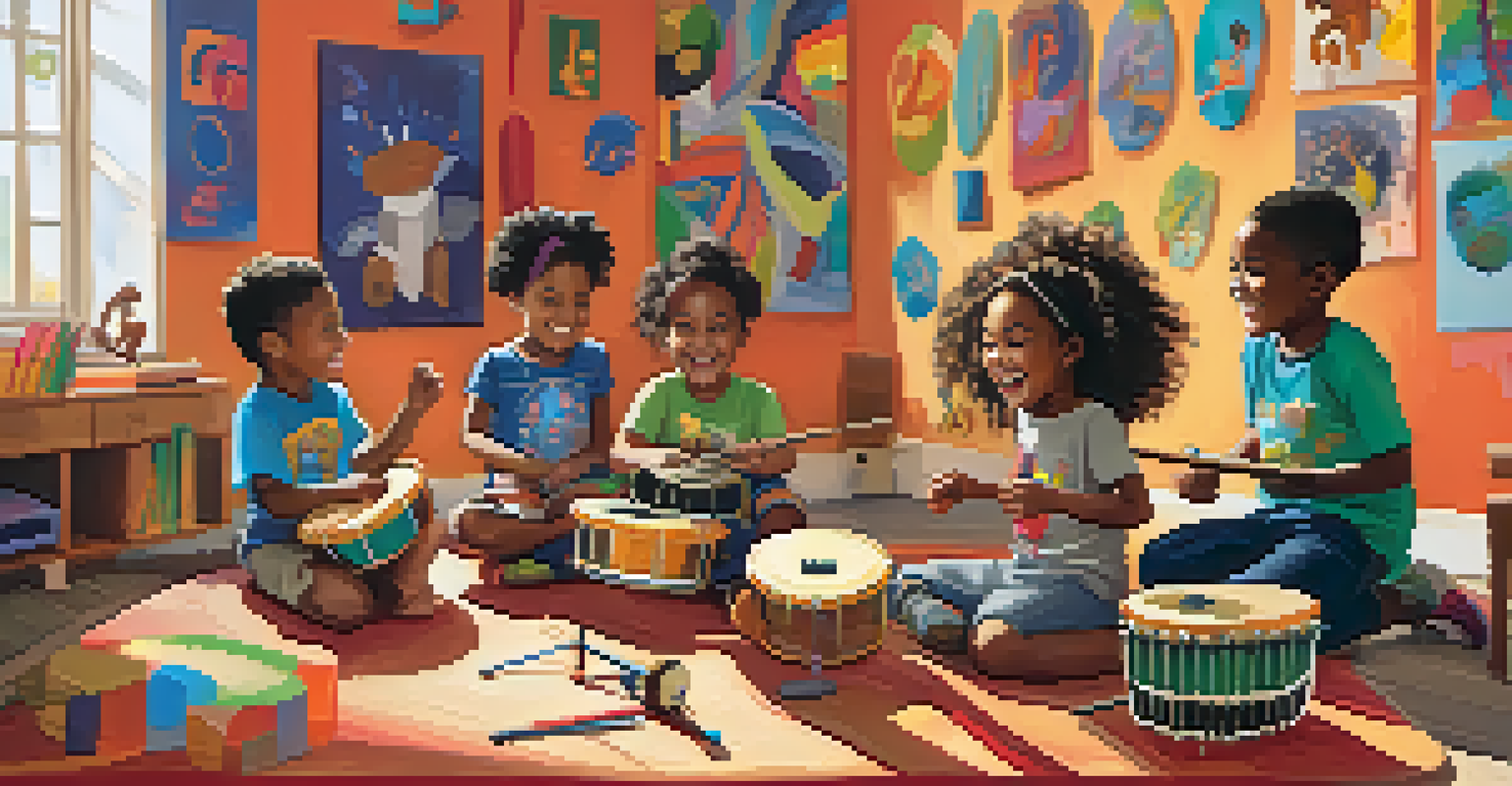 A group of diverse children in a colorful room, joyfully playing instruments together during a music therapy session.