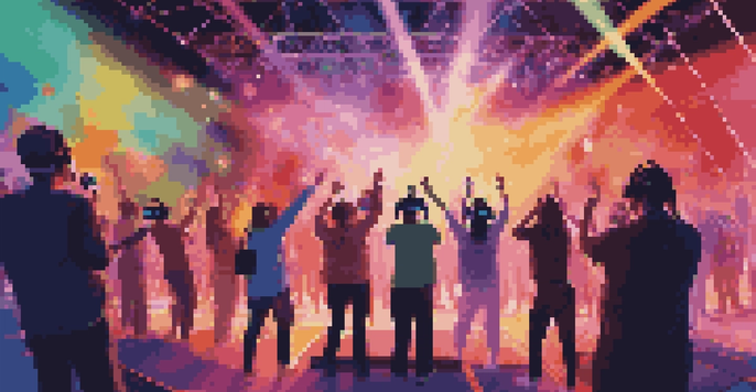 A lively virtual reality concert featuring an artist on stage with bright lights, while an engaged audience wearing VR headsets interacts with the performance.