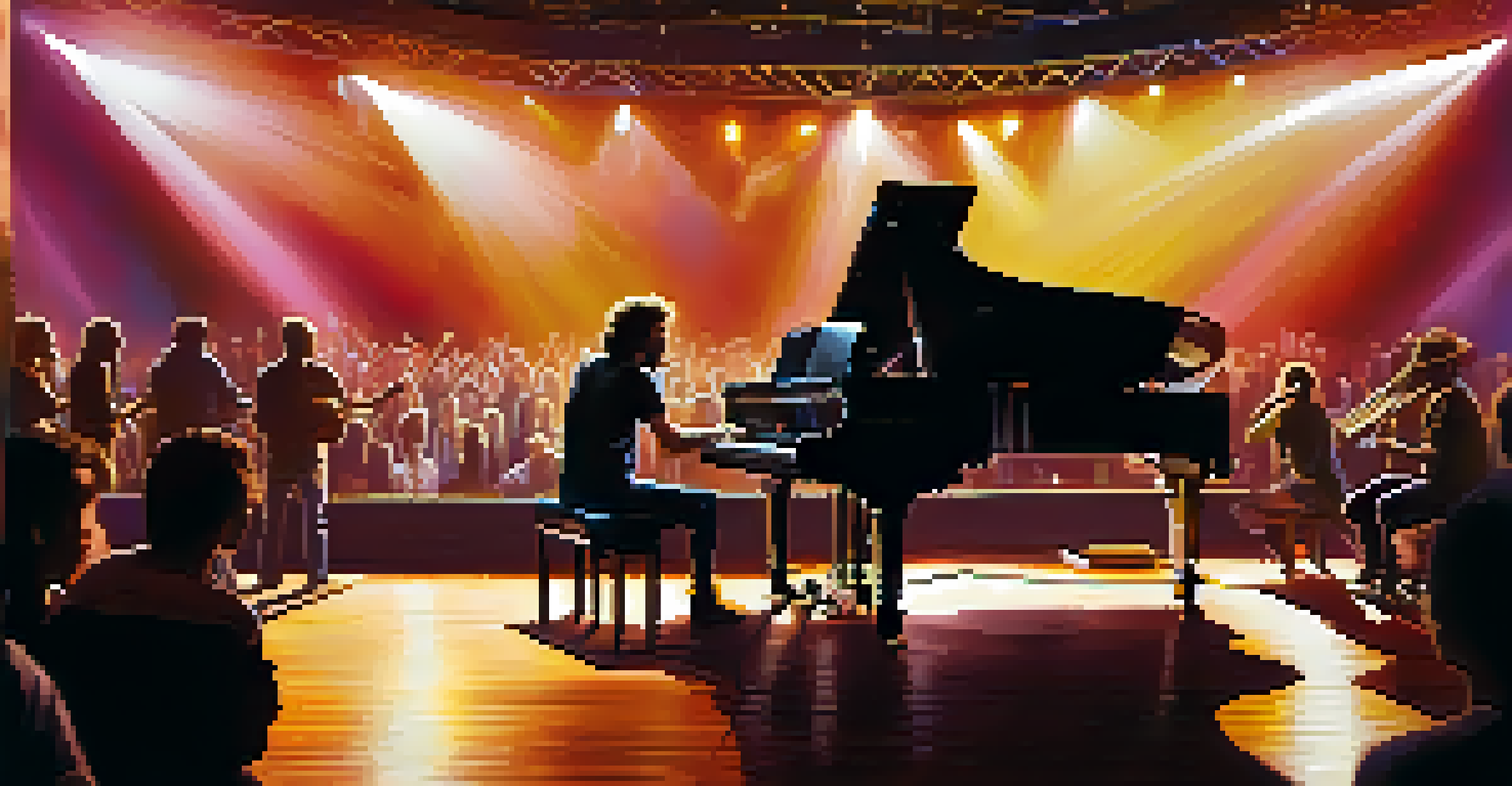 A musician performing live in a small venue, with a music video playing behind them and an engaged audience.