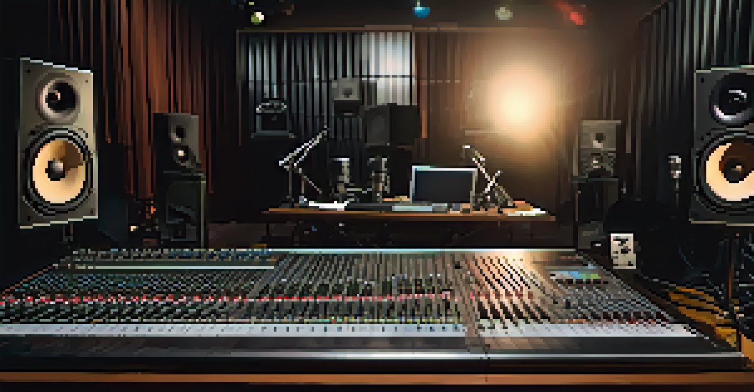 An organized audio setup for live recording, showcasing microphones, a mixer, and headphones in a softly lit environment.