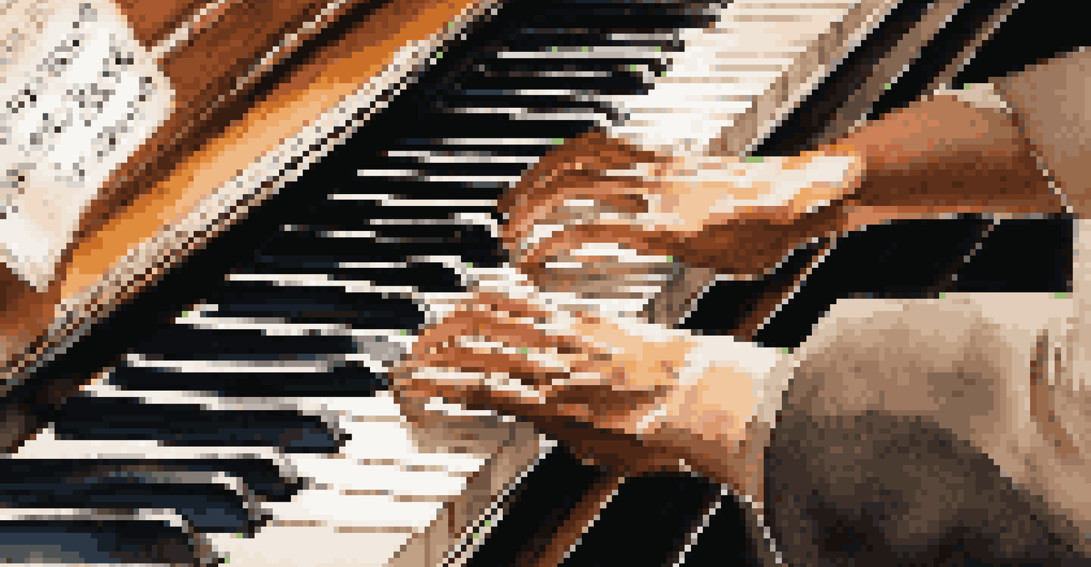 A focused student playing the piano, with sheet music in front and warm lighting illuminating the scene.