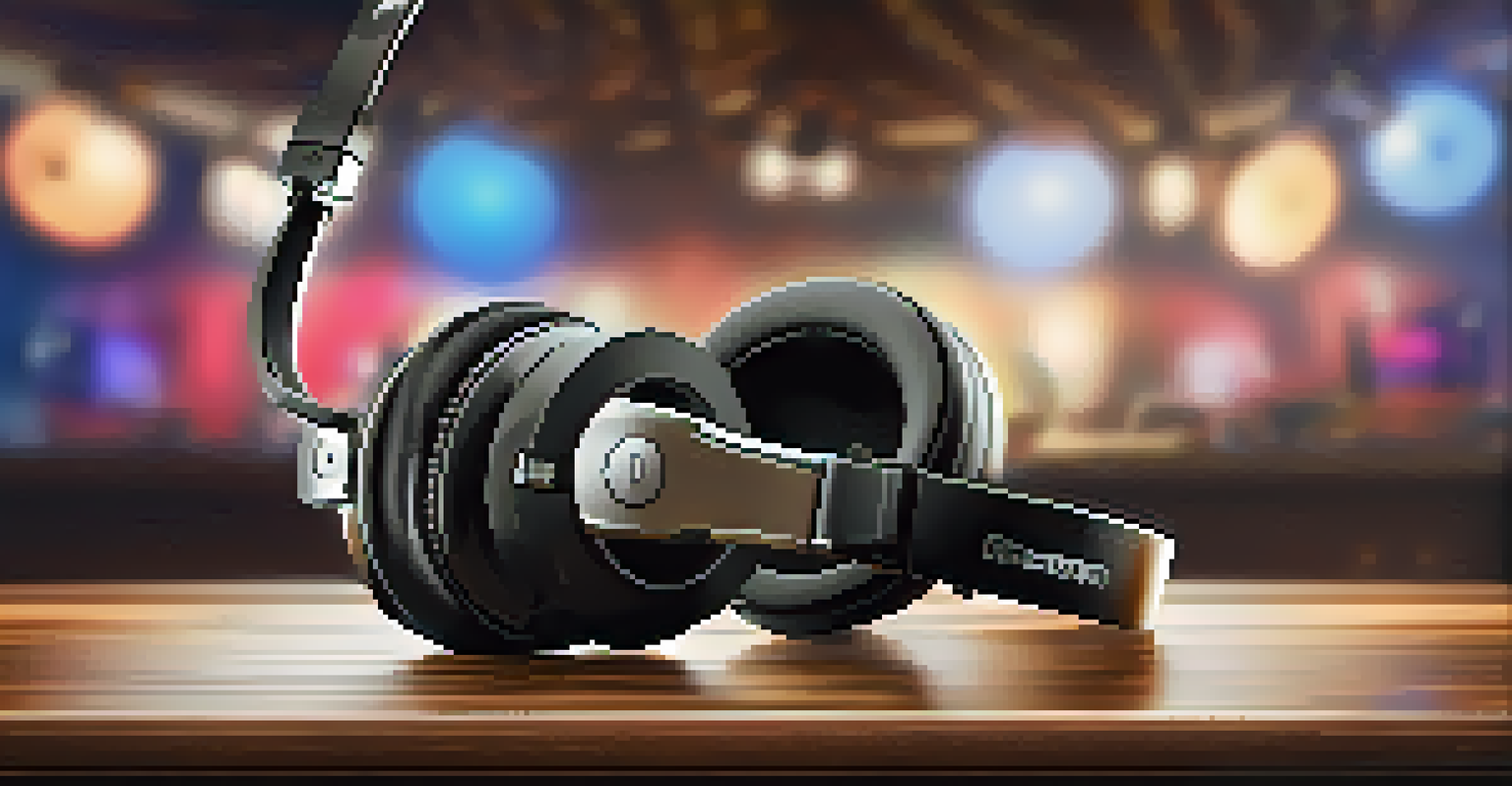 Professional DJ headphones on a wooden table with a blurred DJ setup in the background.
