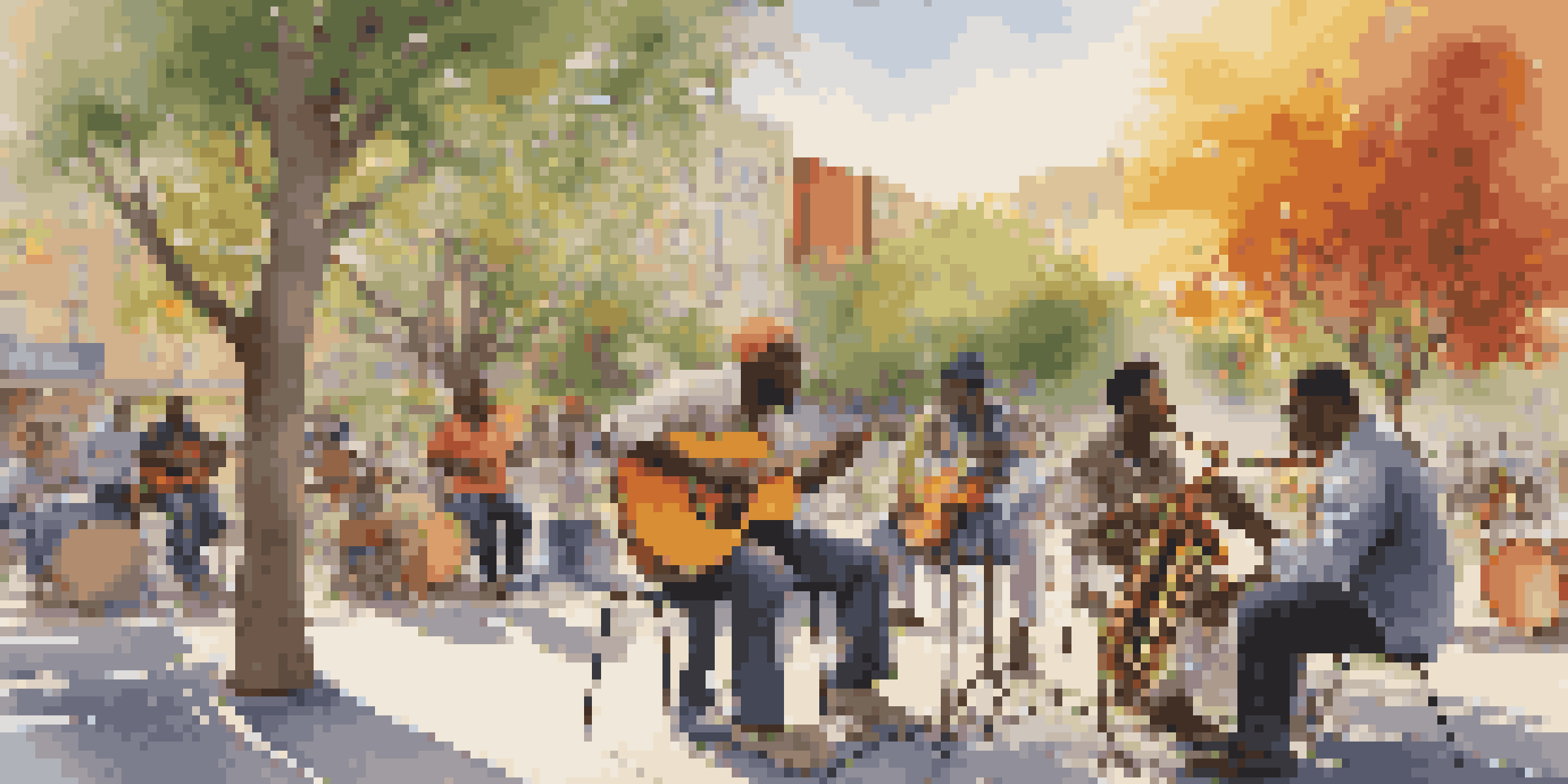 A diverse group of musicians collaborating in an urban park, surrounded by colorful murals and sunlight filtering through trees.