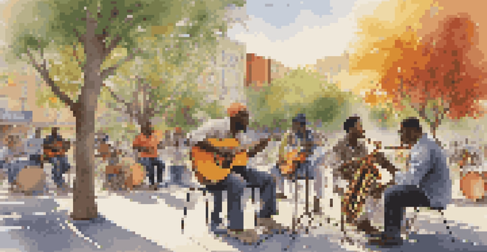 A diverse group of musicians collaborating in an urban park, surrounded by colorful murals and sunlight filtering through trees.