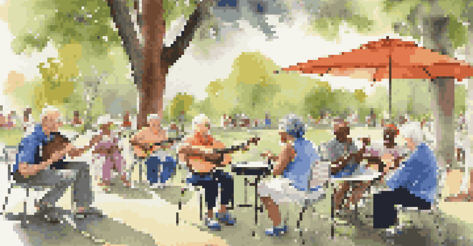 Seniors engaging in a lively music therapy session in a park, singing and playing instruments together.