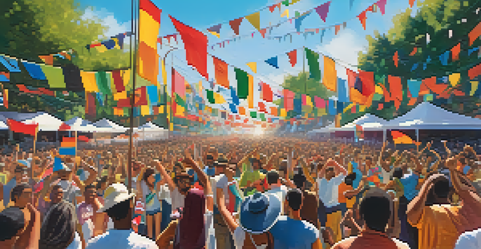 A lively music festival with a diverse crowd, colorful flags, and musicians performing on stage under a sunny sky.