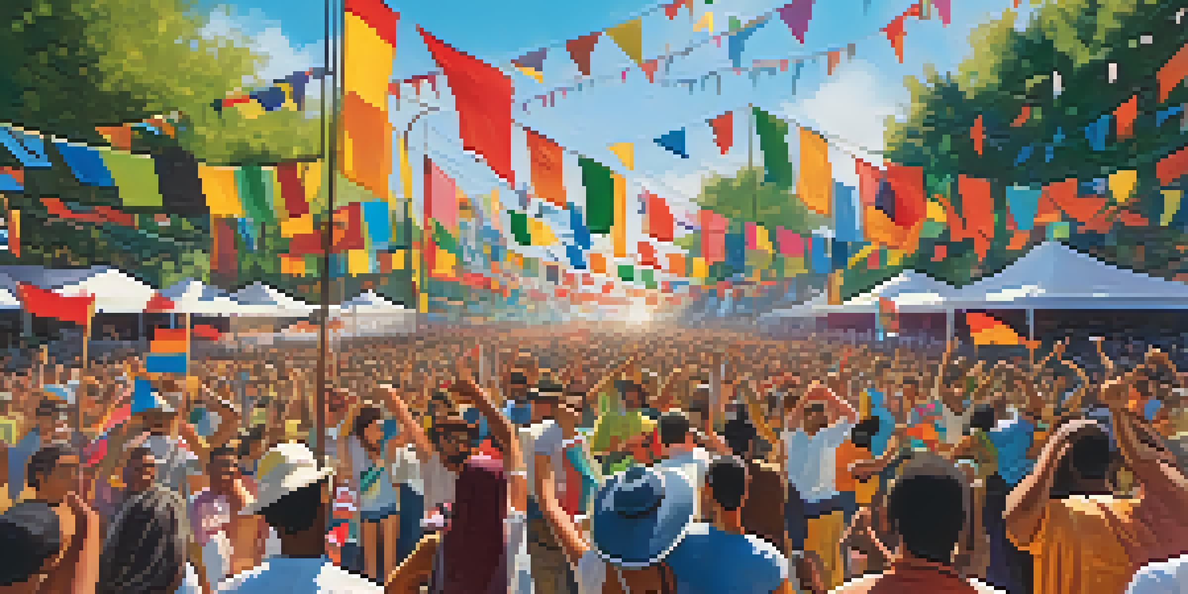 A lively music festival with a diverse crowd, colorful flags, and musicians performing on stage under a sunny sky.