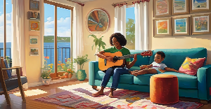 A parent and child sitting on a sofa in a cozy living room, playing a small guitar together, with bright sunlight streaming through a window.