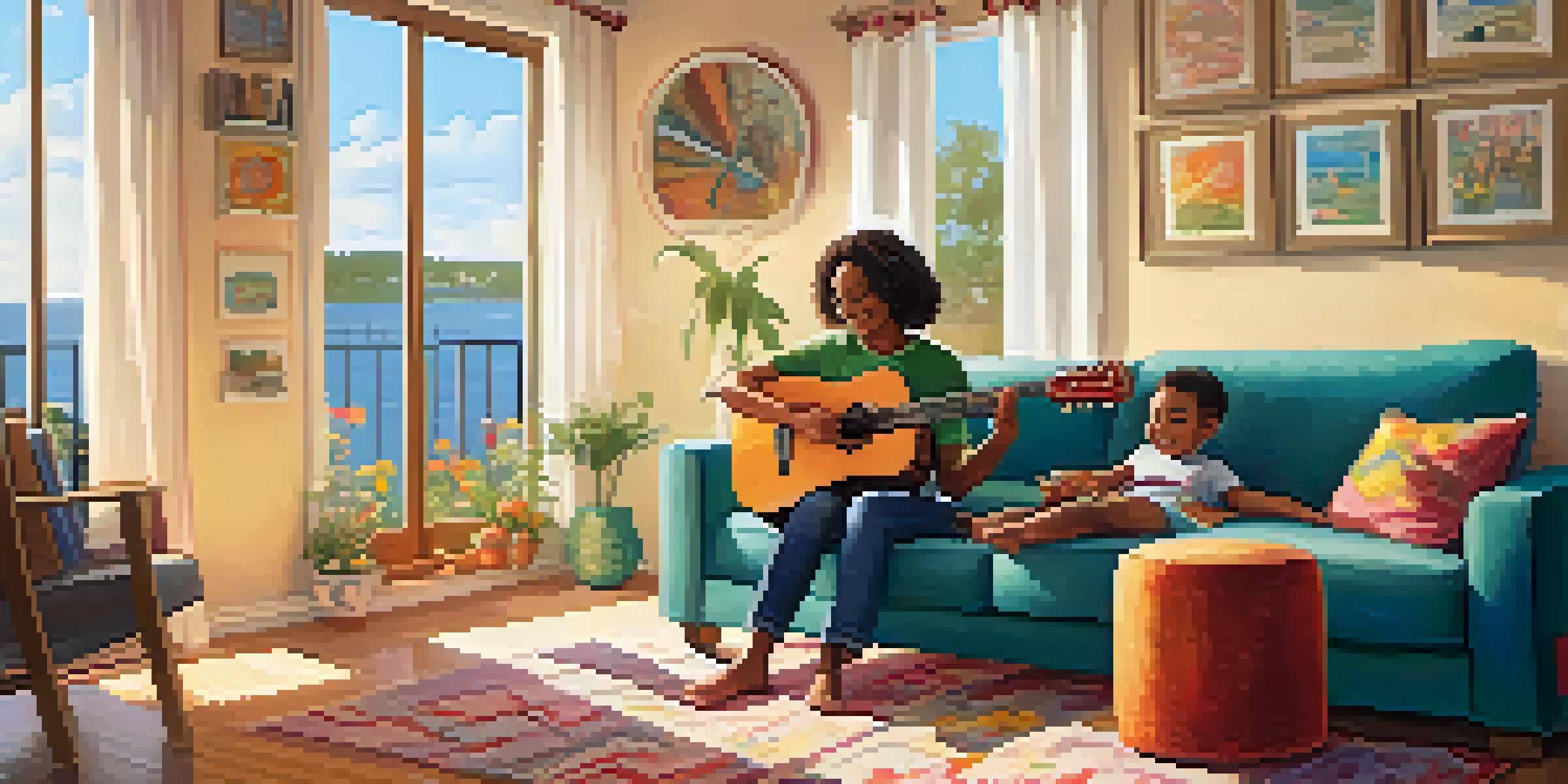 A parent and child sitting on a sofa in a cozy living room, playing a small guitar together, with bright sunlight streaming through a window.