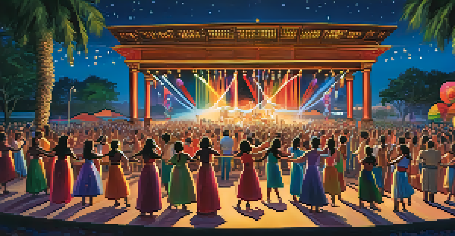 A lively outdoor cultural festival with musicians performing on stage and an engaged audience.