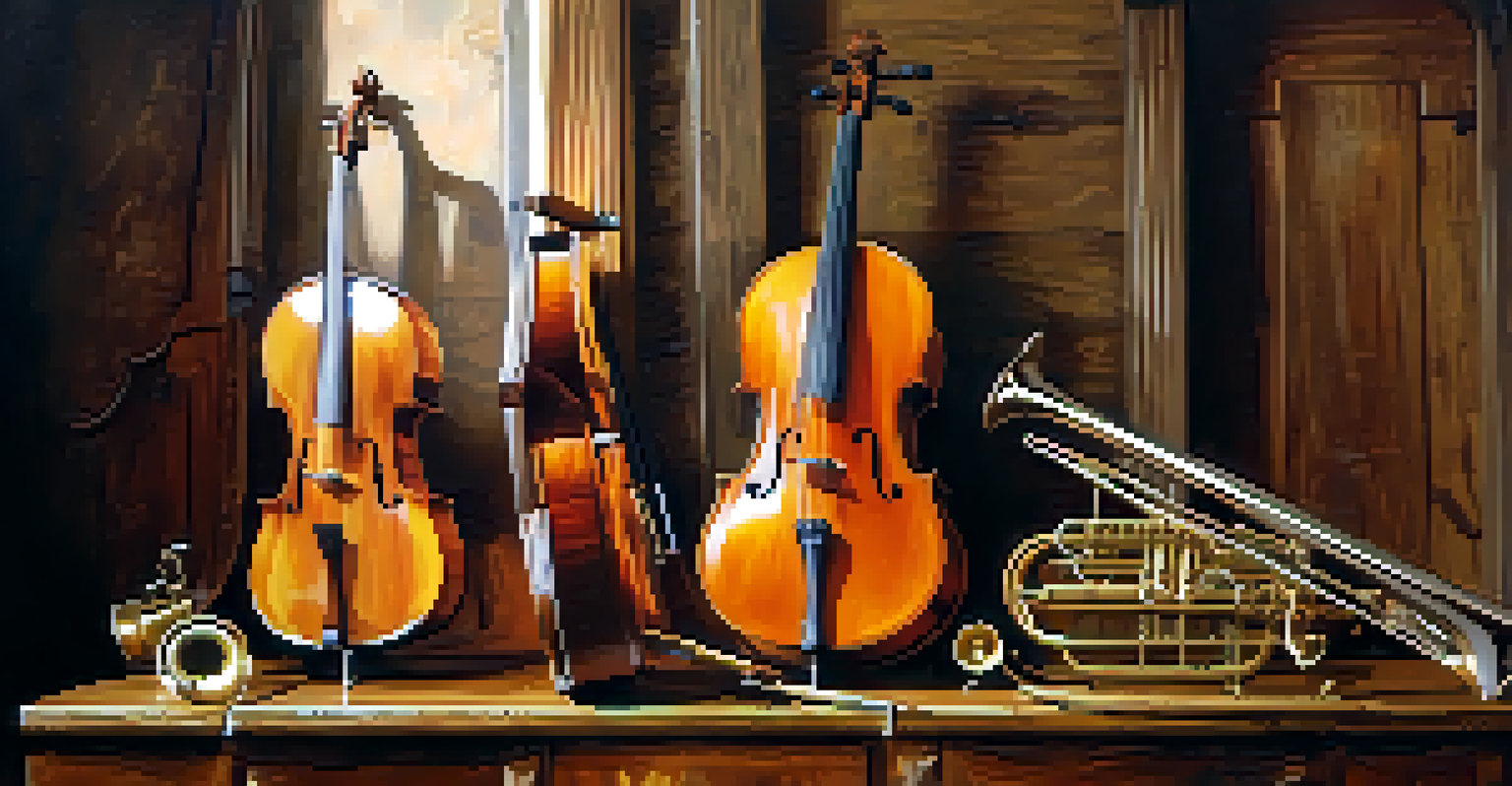 A collection of musical instruments arranged on a wooden table, displaying the textures of a cello, trumpet, and violin in natural light.