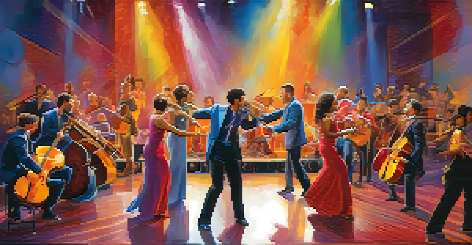 A vibrant concert scene showing musicians performing energetically on stage with an engaged audience.