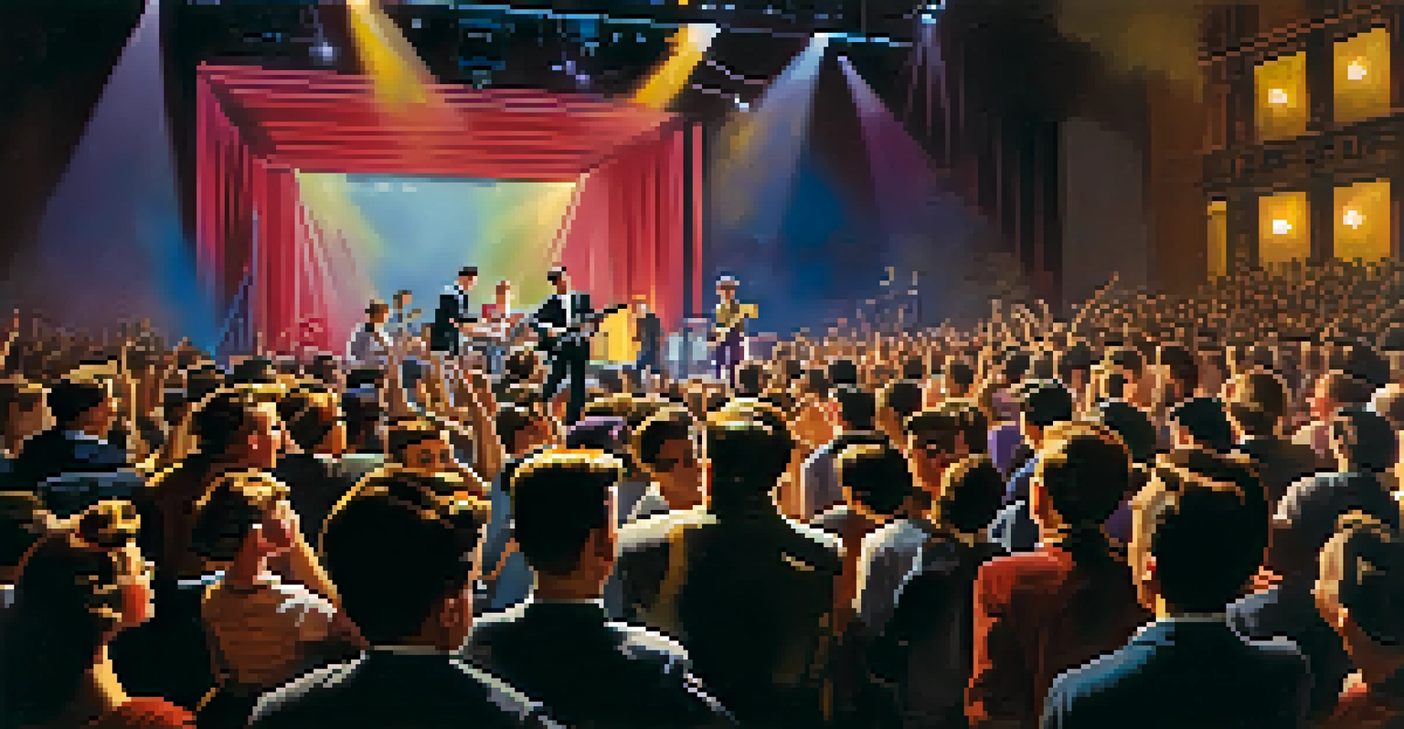 An energetic rock 'n' roll concert with a band on stage, vibrant lighting, and an enthusiastic audience dancing and enjoying the music.