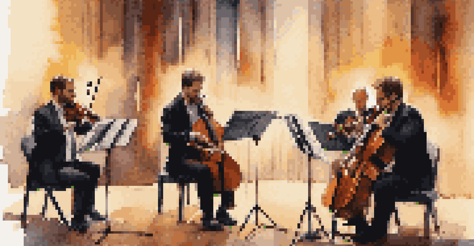 A string quartet performing in a warm-lit concert setting, with audience members visibly engaged in the performance.
