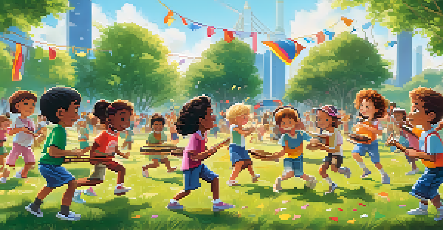 Children playing rhythm games with percussion instruments in a sunny park.
