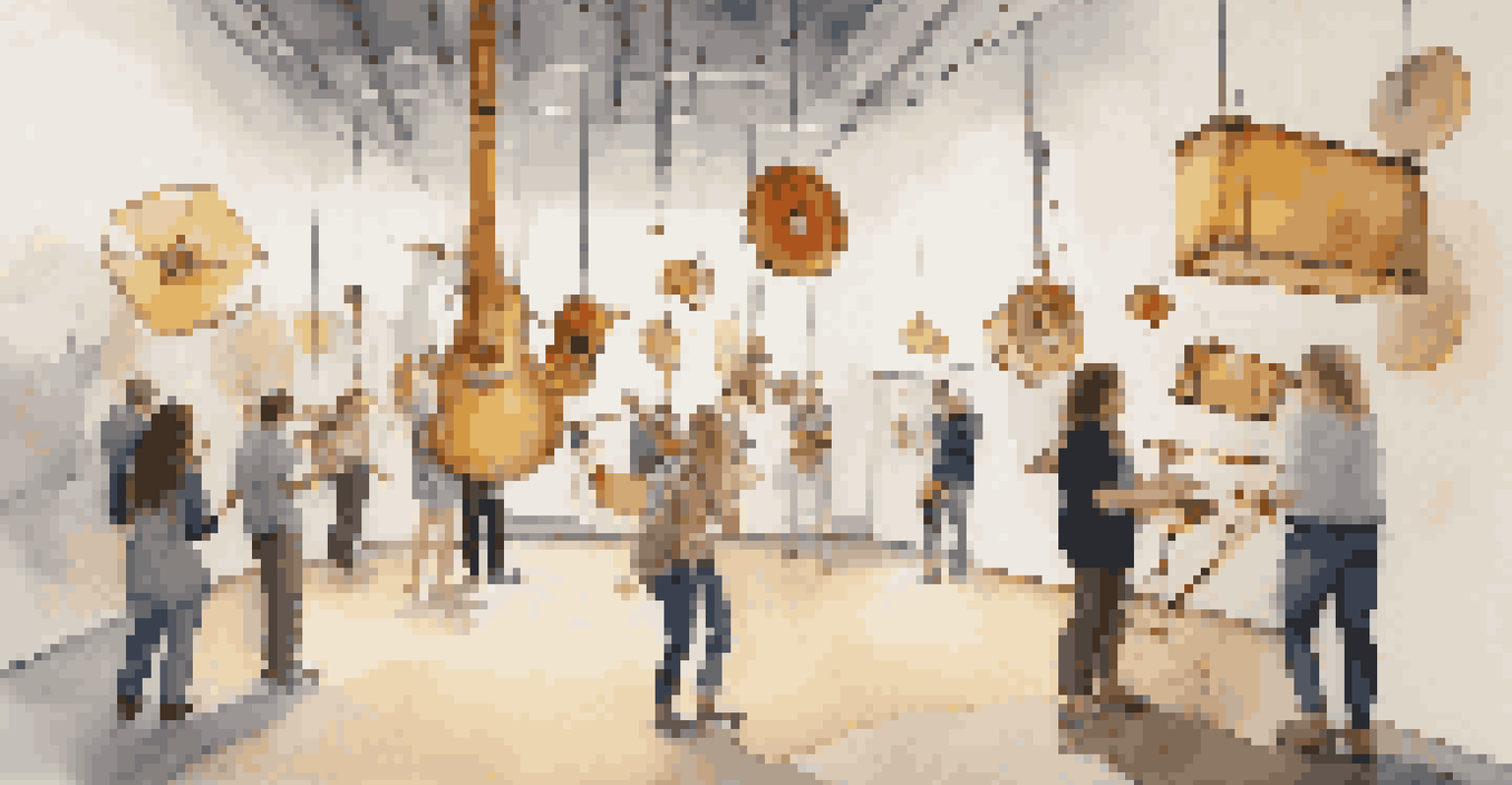 A group of people interacting with a sound art installation, surrounded by suspended instruments and sculptures, illuminated by soft lighting.